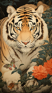 草丛中威猛的老虎插图背景图片
