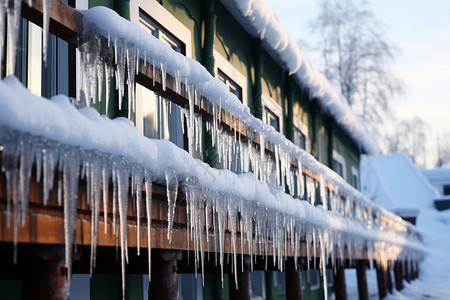 寒冷冬季木栏上的冰柱图片