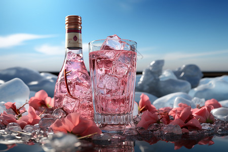 伏特加玻璃瓶杯中的樱花香槟冰块背景