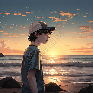 海边戴棒球帽的男孩图片