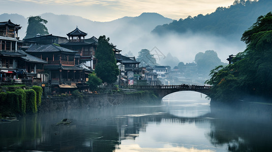 中国风江南水乡雾气背景墙烟雨朦胧的江南水乡插画