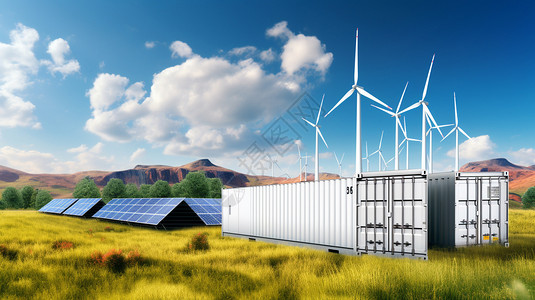 储能集装箱荒野上的风能和光伏发电装置设计图片