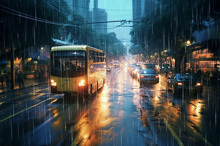 暴雨黄色预警暴雨中繁忙的城市街道背景