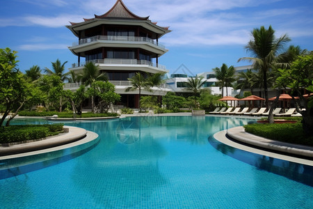 热带的特色中式建筑泳池背景图片