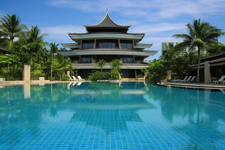 中式豪华度假村的户外泳池背景图片