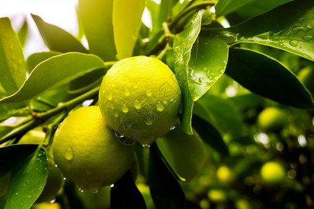 雨后树上新鲜的柠檬图片