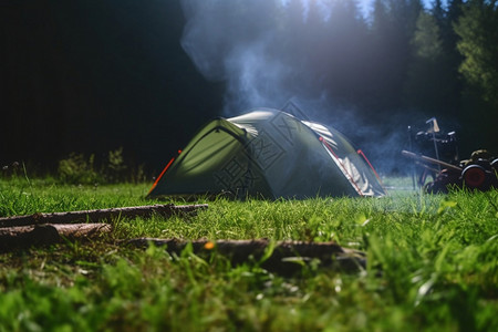 烟雾缭绕的山林夏季山林中的露营背景