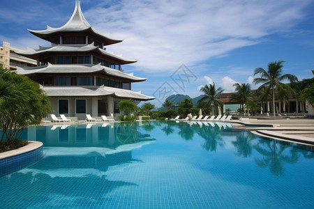 豪华的中式泳池度假区背景图片