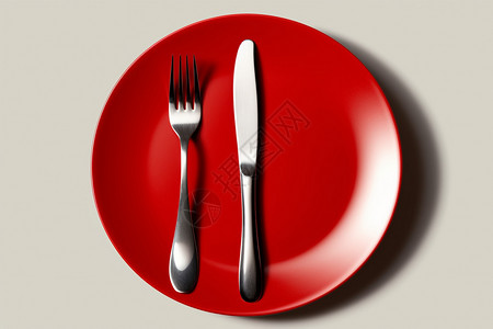 红色盘子中的刀叉图片