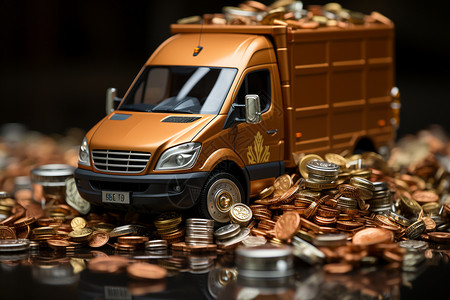 满是金色货币的小型金融车高清图片