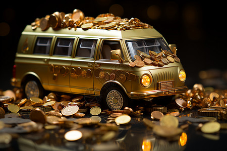 金色珠宝金色装饰的公交车外观特写设计图片