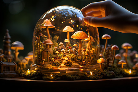 显示灯玻璃罩中的发光蘑菇屋背景