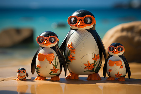 水做眼镜快乐的企鹅家庭在沙滩上玩耍插画