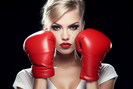 女子戴着红色拳击手套图片