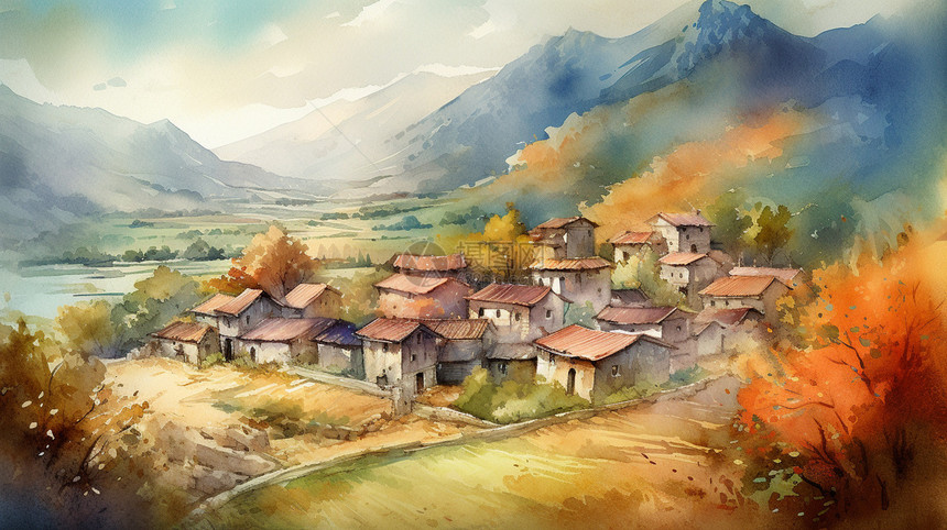 古色古香的村庄水彩插画图片