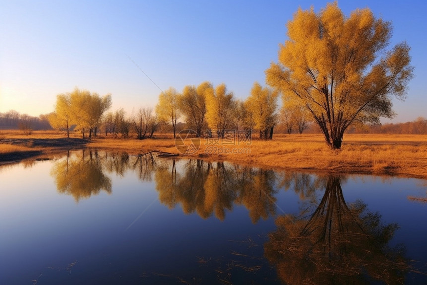 秋季公园中平静的湖面图片