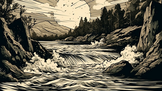 山间湍急的河流插画
