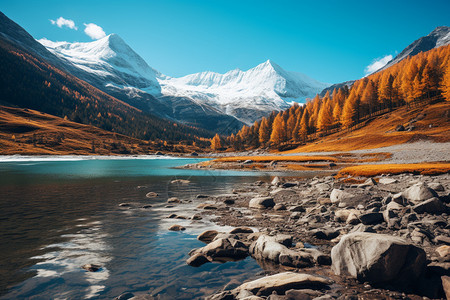 秋季高原的山林溪流景观图片