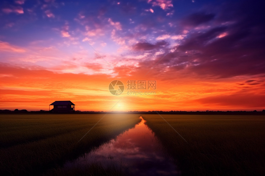 稻田上的火烧云景观图片
