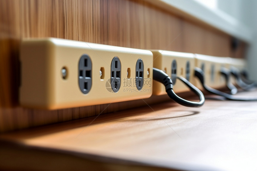 木桌墙壁上的可移动电源插座图片