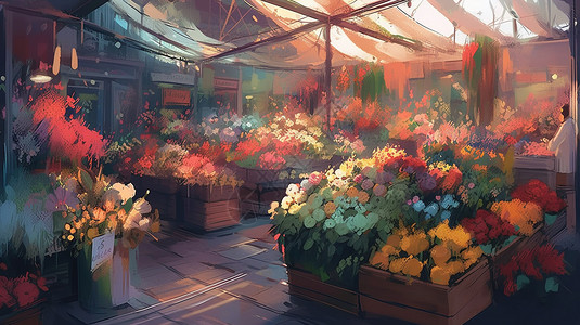 花市摊位上色彩缤纷的花朵图片