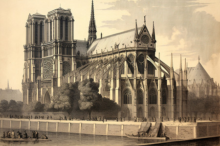 巴黎圣母院的复古插图插画