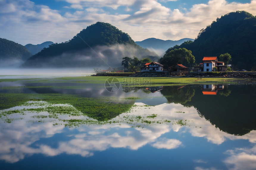 郁郁葱葱的山间湖泊景观图片