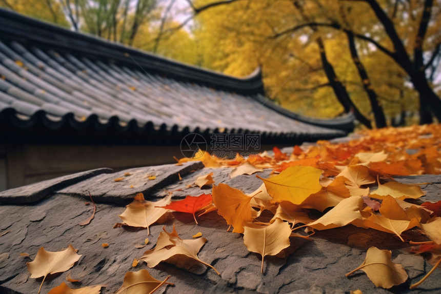 秋天枫叶落在屋顶屋檐上图片
