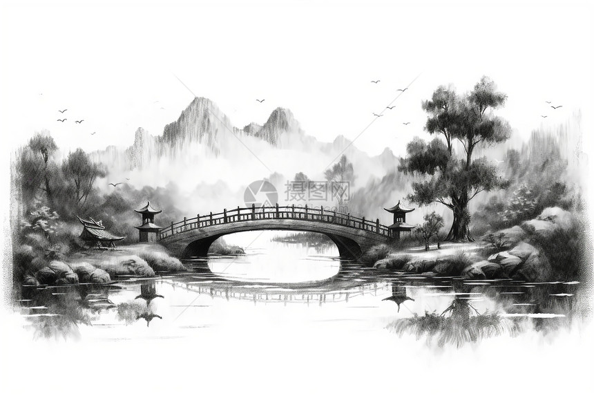 河流小桥水墨画图片