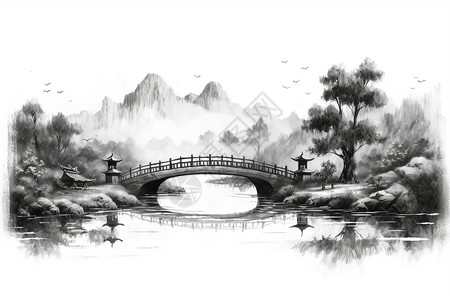 河流小桥水墨画图片