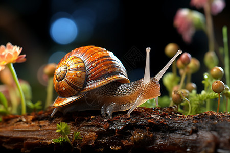 森林中缓行的蜗牛高清图片