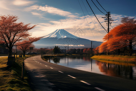 富士山路边红叶图片