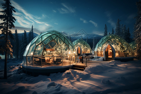 雪地中坐落的玻璃屋高清图片