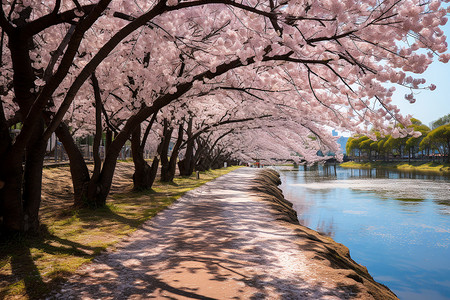 樱花沿河曲径飘香图片