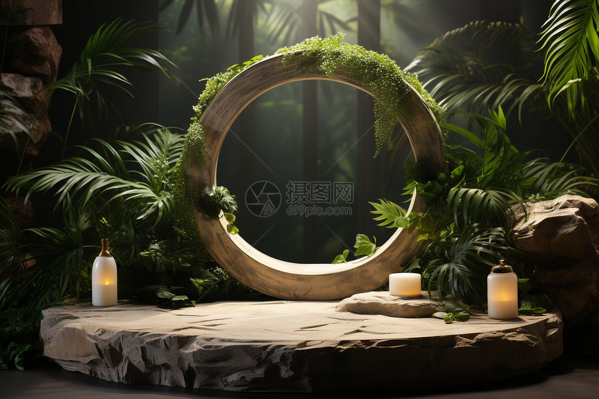 石英圆桌带着棕榈叶抽象背景展台图片