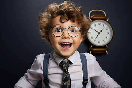 灿烂童年灿烂笑容的小男孩戴着眼镜和背带，黑色背景墙上挂着一个挂钟。背景