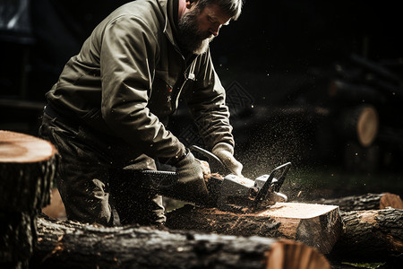 一个木工使用大锯齿的工具切割木头图片