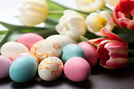 复活节彩蛋绘画一堆彩蛋和鲜花设计图片