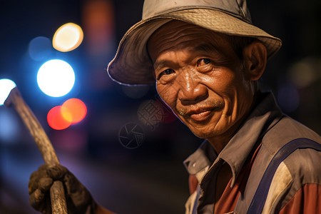 夜晚中的环卫工人图片