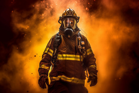 消防头盔火焰中的消防员设计图片