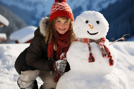 女孩与雪人的合影背景图片