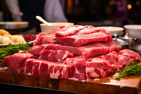 堆放在菜板上的鲜肉高清图片