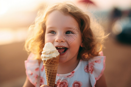 小孩吃冰激凌拿着冰激凌的小女孩背景