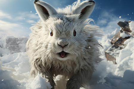 在雪山上飞奔的雪兔图片