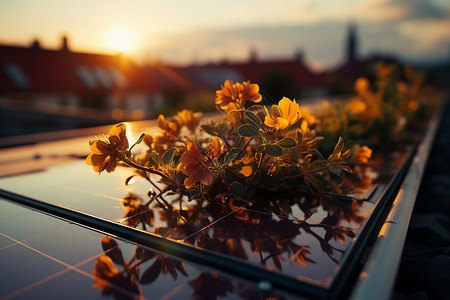 植物光照阳光下的太阳能电池板背景