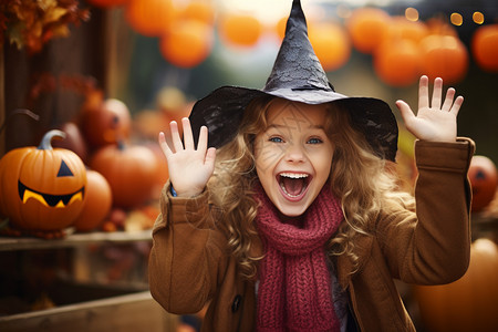 小女孩戴着巫师帽挥舞双手背景图片