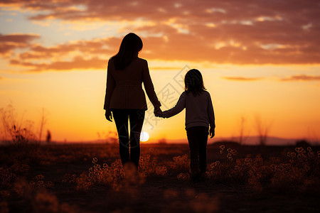 孩子夕阳夕阳下母女手牵手背景