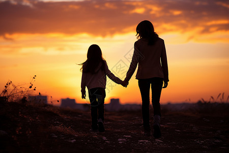 妈妈牵着女儿走在夕阳下背景图片