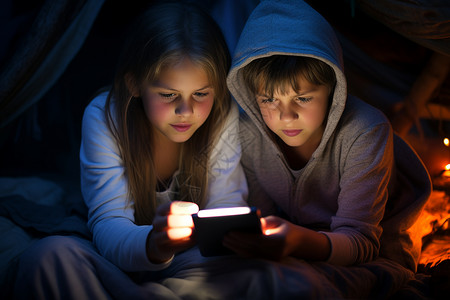 一起手机黑暗中两个孩子一起看着平板电脑背景