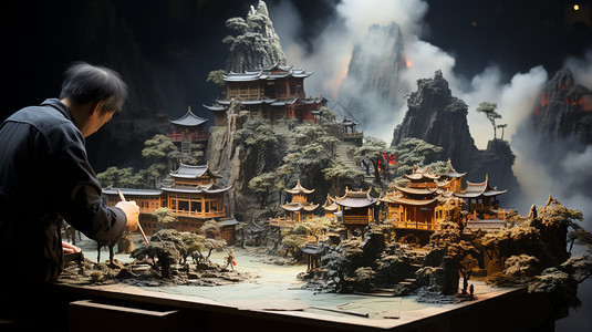 水墨山村雕塑模型背景图片
